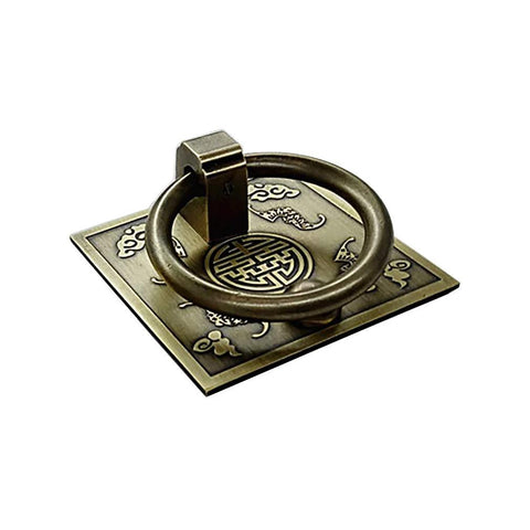 Chinese Style Antique Brass Ring Pull Handle Set for cabinets and wardrobes, 60mm square brass hardware, classic furniture decoration, front view.