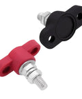 Beefy Heavy Duty Car Battery Junction Posts Block For 12V Systems, Single Stud Power Distribution Block, Insulated Auto Terminals, Rugged Three Eighths Inch Posts For SUV RV Truck, Durable Stainless Steel And Copper Construction. Red and black 12V battery junction posts with insulated nylon base, stainless steel and copper studs