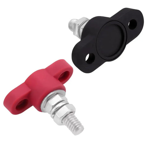 Beefy Heavy Duty Car Battery Junction Posts Block For 12V Systems, Single Stud Power Distribution Block, Insulated Auto Terminals, Rugged Three Eighths Inch Posts For SUV RV Truck, Durable Stainless Steel And Copper Construction. Red and black 12V battery junction posts with insulated nylon base, stainless steel and copper studs