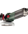 Beefy Torque 5 Inch Variable Speed Angle Grinder With Electronic Speed Control 2800 To 11000 RPM 13.5 Amp Motor Lock On Handle S Automatic Safety Slip Clutch Long Life Motor For Quick Material Removal in green and black, side view showing handle and safety clutch.