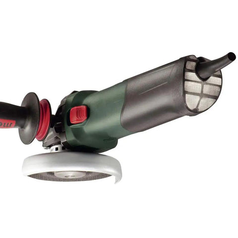 Beefy Torque 5 Inch Variable Speed Angle Grinder With Electronic Speed Control 2800 To 11000 RPM 13.5 Amp Motor Lock On Handle S Automatic Safety Slip Clutch Long Life Motor For Quick Material Removal in green and black, side view showing handle and safety clutch.