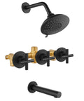 Three-Handle Tub And Shower Faucet Set With Wall Mount Tub Spout Five-Setting Six-Inch Round Shower Head Brass Mixer Valve Polished Chrome Finish Built Tough For Everyday Bathroom Use Easy Install Trim Kit with black handles and shower head