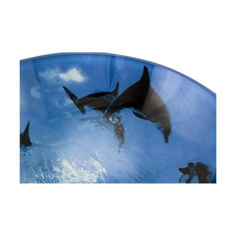 Close-up of Sick Dope Blue Dolphin Tempered Glass Round Vessel Sink For Countertop Bathroom with dolphin pattern detail.