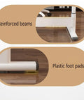 Reinforced beams and plastic foot pads of Adjustable Height Standing Desk With Slick Hand Crank, ergonomic beige office table.