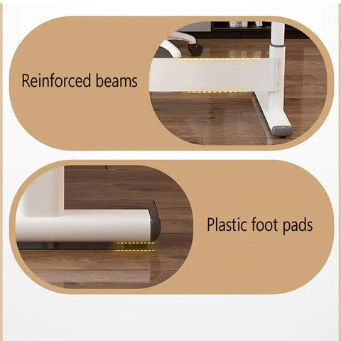 Reinforced beams and plastic foot pads of Adjustable Height Standing Desk With Slick Hand Crank, ergonomic beige office table.