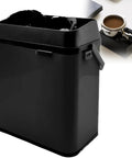Heavy Duty Electric Coffee Portafilter Knock Box, Automatic Barista Cleanup Station showing black stainless steel waste disposal unit.
