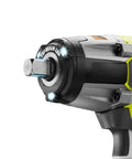 Close-up of 18V ONE+ Brushless Cordless 1/2-Inch Impact Wrench, 3-Speed, with 4.0Ah Battery and Charger showing LED and 1/2 inch anvil.