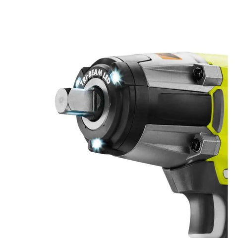 Close-up of 18V ONE+ Brushless Cordless 1/2-Inch Impact Wrench, 3-Speed, with 4.0Ah Battery and Charger showing LED and 1/2 inch anvil.