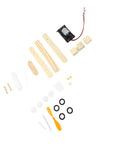Electric Wood Glider Aircraft Model Kit For Kids 7 And Up - Wood and plastic parts with metal components displayed flat