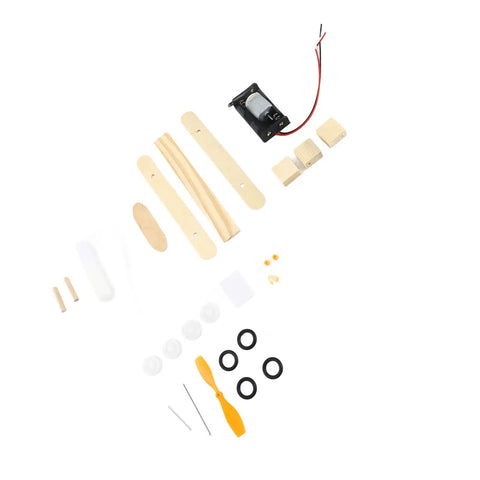 Electric Wood Glider Aircraft Model Kit For Kids 7 And Up - Wood and plastic parts with metal components displayed flat