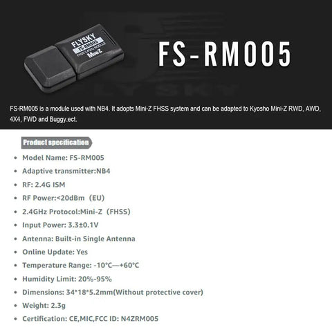 Flysky FS RM005 FHSS 2.4GHz Module For NB4 Plus And NB4 Pro Plus Transmitters, Plug And Play Upgrade For Mini-Z RWD AWD 4X4 FWD RC Cars