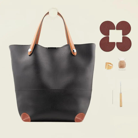 DIY Bag Corner Repair Kit For Purses And Leather Bags With Corner Patches Cone Needle Thread And Finger Cots Quick Fix Tools For Easy Home Leather Sewing And Craft Projects shown with a black leather bag, brown handle, and four cowhide corner patches.