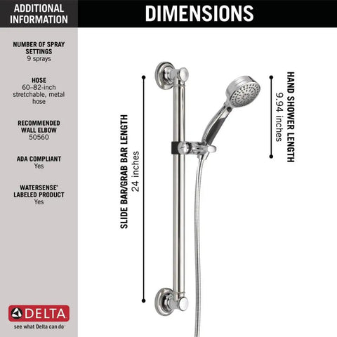 9 Spray Slide Bar Handheld Shower With Hose Chrome Finish Detachable Shower Head Adjustable Bar Kit dimensions and specifications