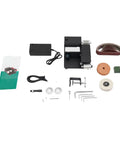 No Sweat Pneumatic Mini Belt Sander With Variable Speed Air Motor And Standard Hose Hookup For Cramped Joints Fine Detail Work Multi Material Sanding Tool components displayed including sander, hose, and accessories.