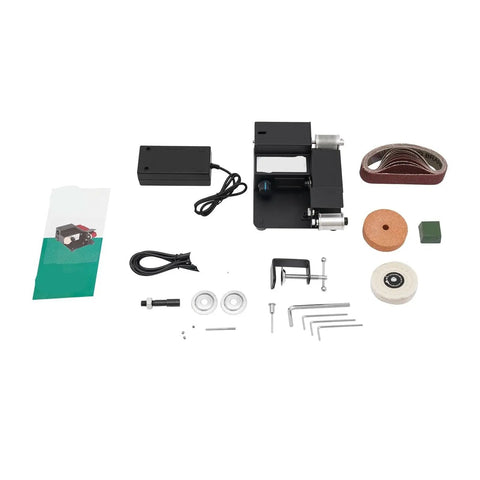 No Sweat Pneumatic Mini Belt Sander With Variable Speed Air Motor And Standard Hose Hookup For Cramped Joints Fine Detail Work Multi Material Sanding Tool components displayed including sander, hose, and accessories.