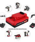 Heavy Duty 20V Lithium Ion Battery Dual Pack 4 Ah Replacement For Porter Cable Power Tools on a workbench with tools.