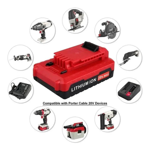 Heavy Duty 20V Lithium Ion Battery Dual Pack 4 Ah Replacement For Porter Cable Power Tools on a workbench with tools.