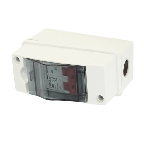 DC Solar Panel Breaker 16A 500V Outdoor Disconnect Switch IP65 Rated DIN Rail Enclosure, visible side view.