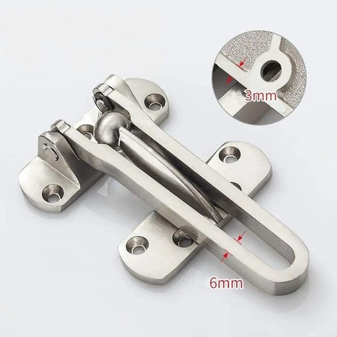 Heavy Duty Zinc Alloy Door Security Chain Latch showing detailed hardware with dimensions for installation and rust proof features.
