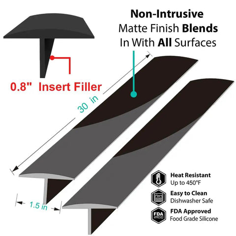 Diagram of Extra Long 30 Inch Silicone Stove Gap Filler That Stays Put Fits 0.2 To 1 Inch Gaps Thick 10oz Insert Black