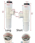 Two white spiral hydroelectric generators, one long and one short, showing dimensions, ideal for outdoor emergency power.