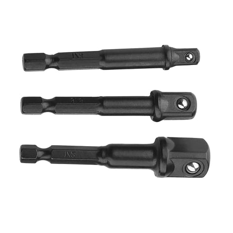 Domary 16-Piece Impact Socket Adapter Kit In Solid Chrome Steel That Lets You Flex On Tough Jobs With Heavy Duty Extensions And Multi-Function Heads For All Your Garage Gigs And DIY Projects, three black adapters