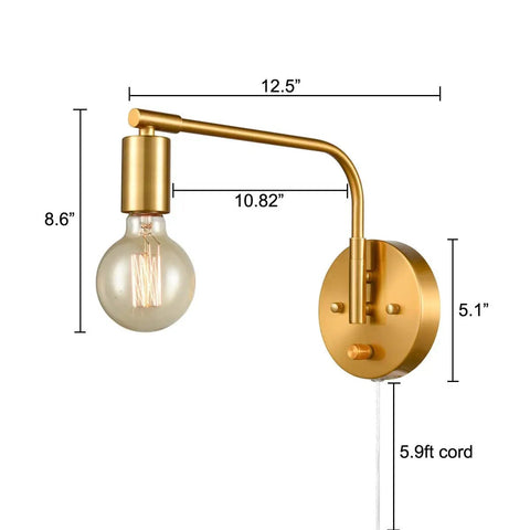 Edison Brass Wall Sconces Set Of Two Plug In Swing Arm Lights With On Off Switch, Cool Mid Century Modern Vibe, ETL Listed