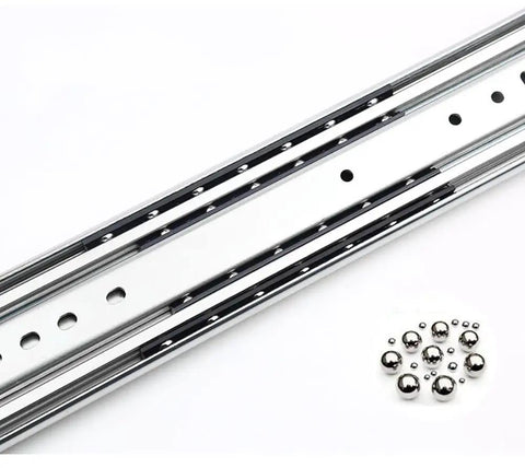 Zero Fuss Full Extension Drawer Slides 12 Inch Ball Bearing Guide Tracks Side Mount Runner Set showing rust proof steel rails with ball bearings.