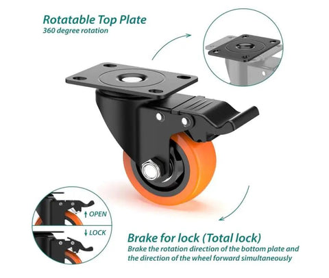 Heavy Duty Caster Wheels Set Of 6 4000 Lbs With Safety Brakes showing rotatable top plate and brake lock system