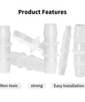 Plastic Hose Barb Fittings Pack Of Eight Barbed Adapters For Air Water And Fuel Lines In Sizes Three Sixteenths Inch One Quarter Inch Three Eighths Inch One Half Inch And Five Eighths Inch Durable Polypropylene displayed with non-toxic, strong, easy installation features
