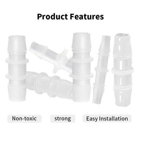 Plastic Hose Barb Fittings Pack Of Eight Barbed Adapters For Air Water And Fuel Lines In Sizes Three Sixteenths Inch One Quarter Inch Three Eighths Inch One Half Inch And Five Eighths Inch Durable Polypropylene displayed with non-toxic, strong, easy installation features