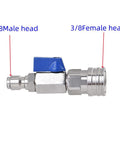 High pressure washer ball valve kit, stainless steel body with blue lever, 3/8-in quick-connect fittings (side view).