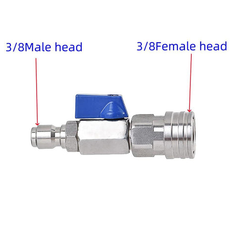High pressure washer ball valve kit, stainless steel body with blue lever, 3/8-in quick-connect fittings (side view).