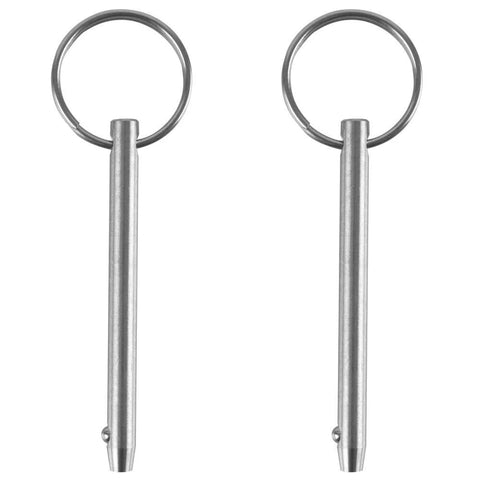 Two 316 stainless steel quick-release pins with rings for Bimini tops, 1/4in diameter and 3in overall length.
