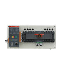 Dual Power Supply Mains Transfer Switch 100 Amp Auto Transfer Switch for Backup Power Systems, 100A Capacity, Reliable Power Source Selector For Critical Equipment, Beefy Heavy Duty Build Compatible With Residential And Industrial Setups. front view on metal panel