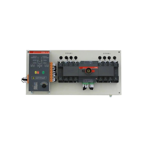 Dual Power Supply Mains Transfer Switch 100 Amp Auto Transfer Switch for Backup Power Systems, 100A Capacity, Reliable Power Source Selector For Critical Equipment, Beefy Heavy Duty Build Compatible With Residential And Industrial Setups. front view on metal panel