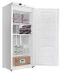 Heavy Duty Commercial Kitchen Workhorse Upright Freezer With Auto Defrost System For Twenty One Cubic Feet Storage, interior view showing shelves and contents.
