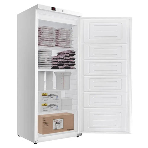 Heavy Duty Commercial Kitchen Workhorse Upright Freezer With Auto Defrost System For Twenty One Cubic Feet Storage, interior view showing shelves and contents.