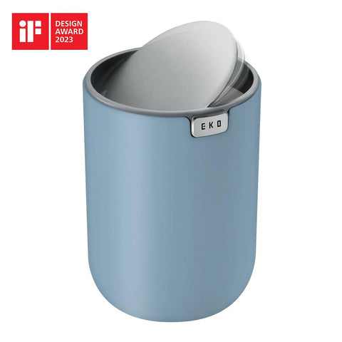 Ultra Compact 1.5L Mini Tabletop Trash Can With Swing Lid For Bathroom Vanity Or Desk Space Saving 4.7 Inch Diameter 6.5 Inch Tall Small Garbage Bin For Office Countertop shown in blue with lid open.