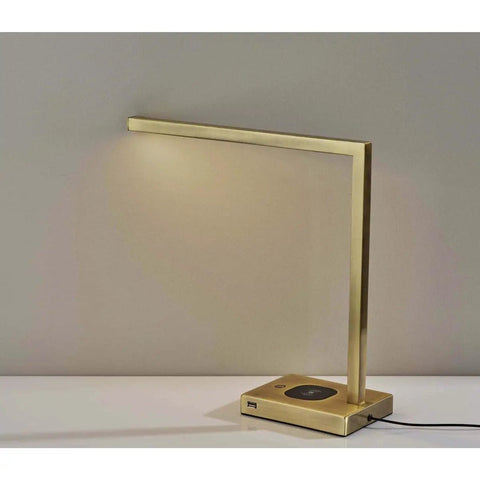 Aidan LED Wireless Charging Desk Lamp With Built In 5W Qi Pad, brass, slim industrial modern style on desk, 400 lumens
