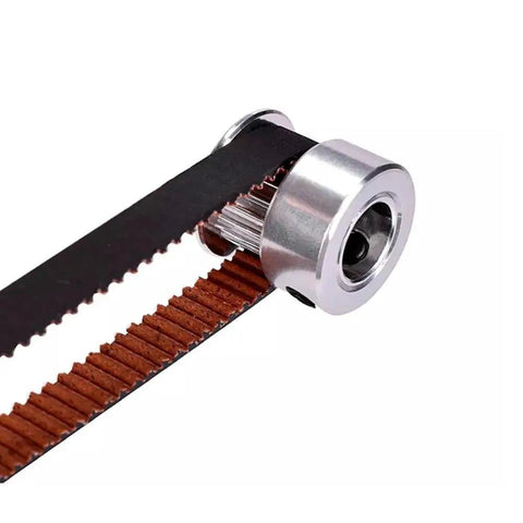 Close-up of 2GT Closed Loop Timing Belt, 6mm Wide, on tensioner, designed for high precision drives, low noise and shock absorption.