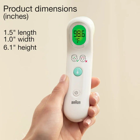 Forehead Digital Thermometer For All Ages Fast Read In Seconds Celsius And Fahrenheit Ergonomic Design Color Coded Temperature Guide Easy To Use For Babies, Kids And Adults. white thermometer 6.1-inch held in hand