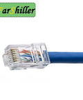 Side view of RJ45 Crimp Connectors 8P8C UTP Ethernet Plug For CAT5E CAT5 CAT6 Solid Or Stranded Cable Gold Plated 50 Pack Gigabit Ready Pro Grade Network Cable End Connectors attached to blue cable.