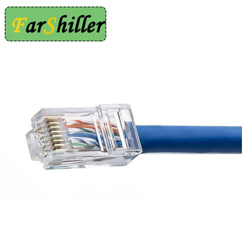 Side view of RJ45 Crimp Connectors 8P8C UTP Ethernet Plug For CAT5E CAT5 CAT6 Solid Or Stranded Cable Gold Plated 50 Pack Gigabit Ready Pro Grade Network Cable End Connectors attached to blue cable.
