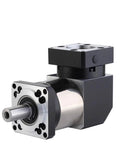 90 Degree Right Angle Planetary Gear Reducer Compatible With Nema 23 Stepper Motors Heavy Duty Aluminum Housing Featuring 50 To 1 Reduction Ratio And 22 Mm Input Shaft, silver and black housing.