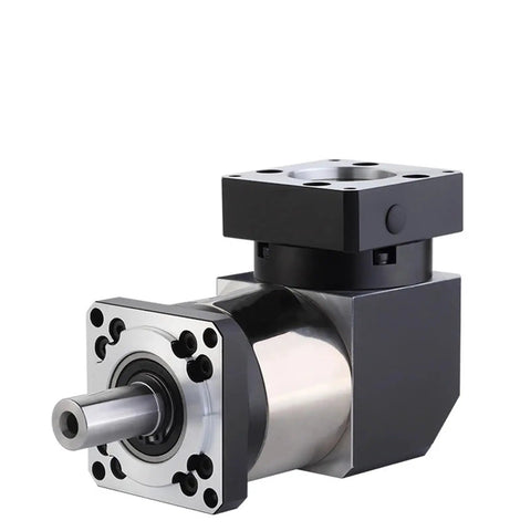 90 Degree Right Angle Planetary Gear Reducer Compatible With Nema 23 Stepper Motors Heavy Duty Aluminum Housing Featuring 50 To 1 Reduction Ratio And 22 Mm Input Shaft, silver and black housing.