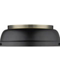 Side view of Duncan 14 Inch Two Light Flush Mount Ceiling Light Damp Rated Vintage Inspired Fixture in matte black and brass