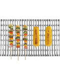 Foil Lux Disposable Grill Liners 19.7 By 12 Inch Nonstick Aluminum Grill Sheets with grilled vegetables and corn on the grill surface.