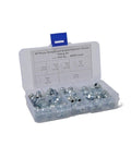 Must-Have Hydraulic Grease Fitting Assortment Kit, 50 Pieces, Sizes One Quarter Inch And One Eighth Inch, Electroplated Blue Zinc Finish