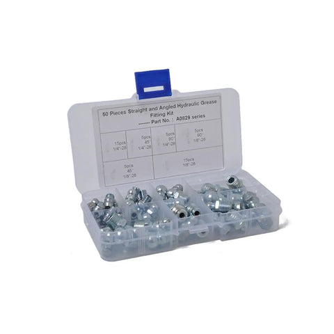 Must-Have Hydraulic Grease Fitting Assortment Kit, 50 Pieces, Sizes One Quarter Inch And One Eighth Inch, Electroplated Blue Zinc Finish